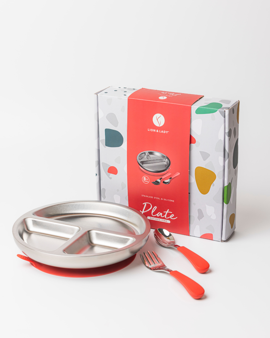 Stainless Steel Toddler Plate, Spoon And Fork Set Fuchsia Pink