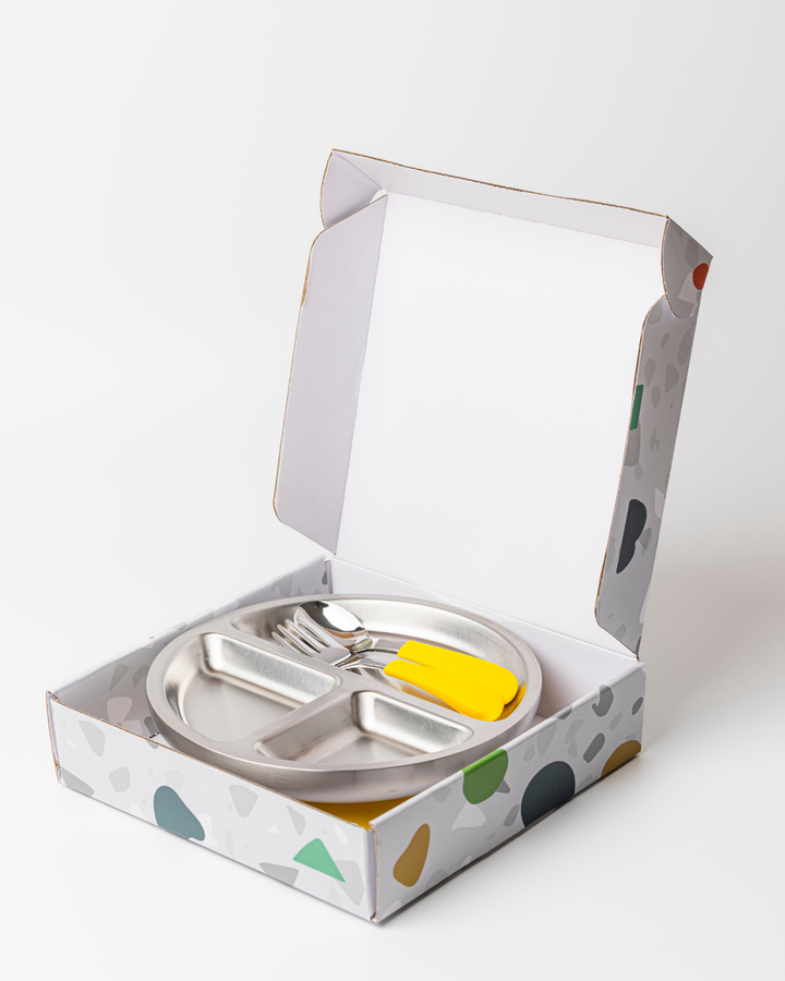 Stainless Steel Toddler Plate, Spoon And Fork Set Buttercup Yellow