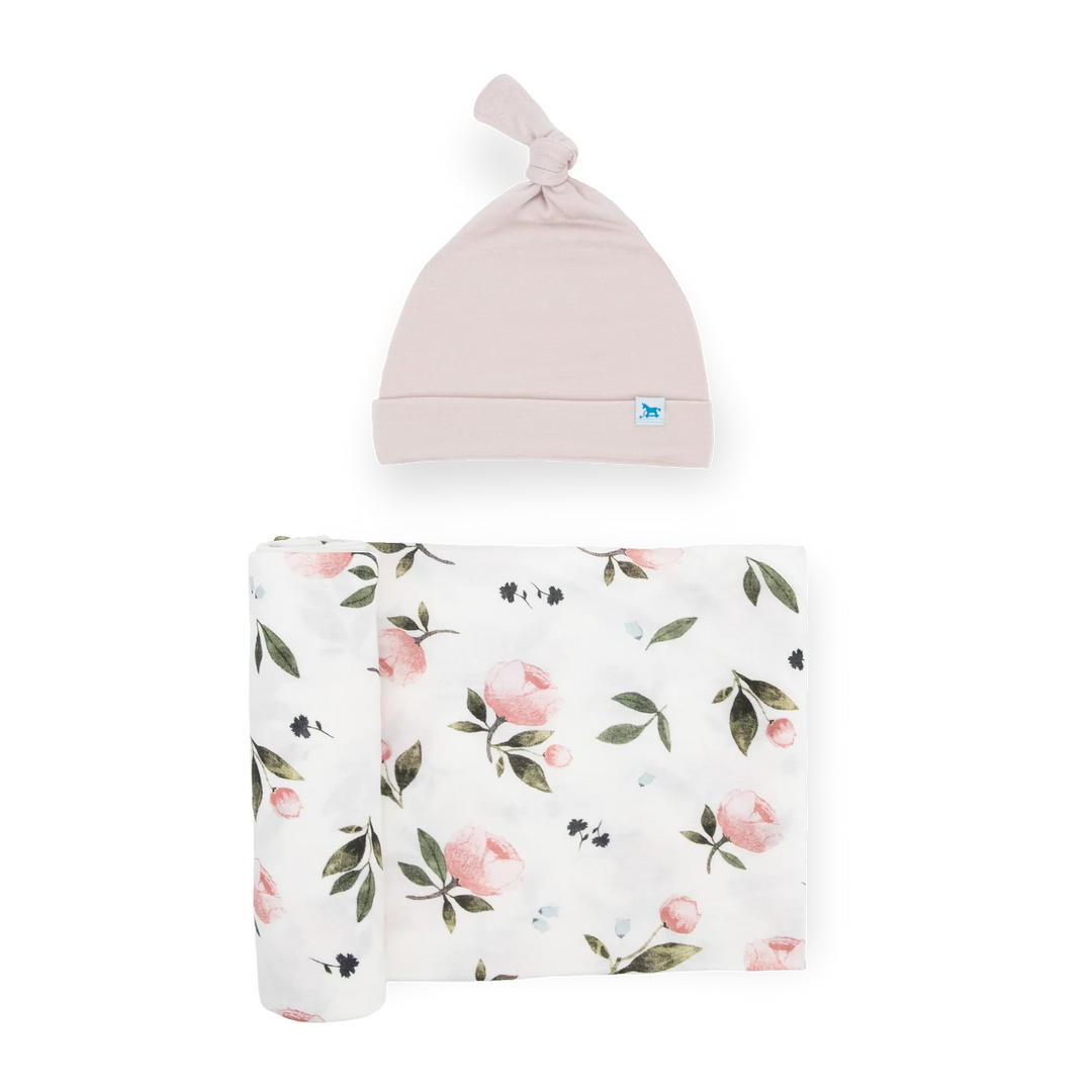 Stretch Knit Hat And Swaddle Set Watercolour Rose