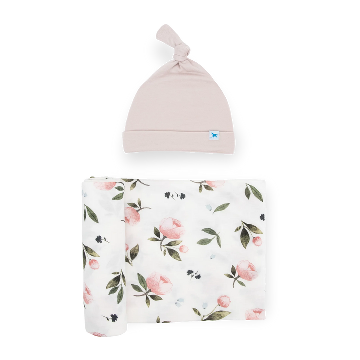 Stretch Knit Hat And Swaddle Set Watercolour Rose
