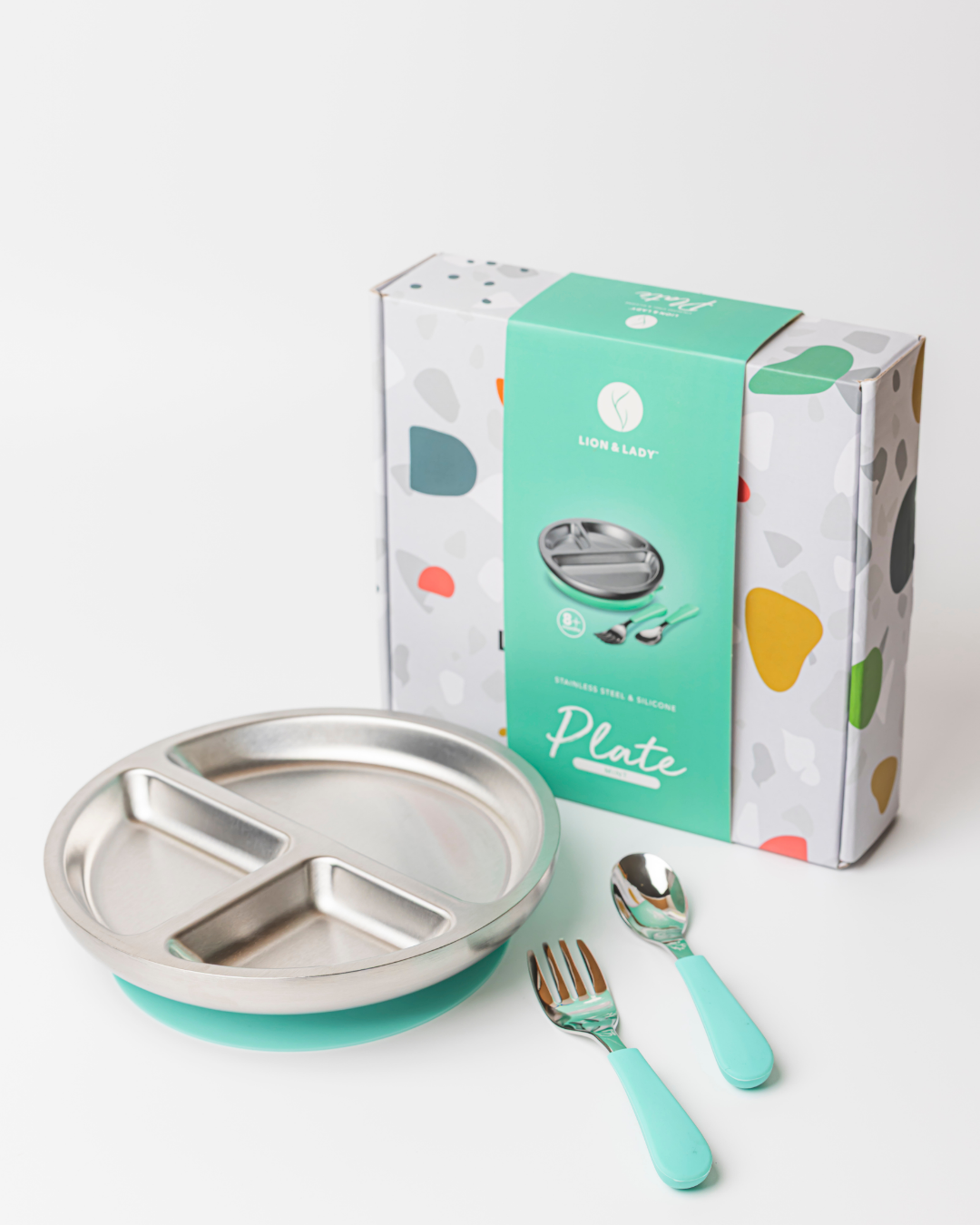 Stainless Steel Toddler Plate, Spoon And Fork Set Mint