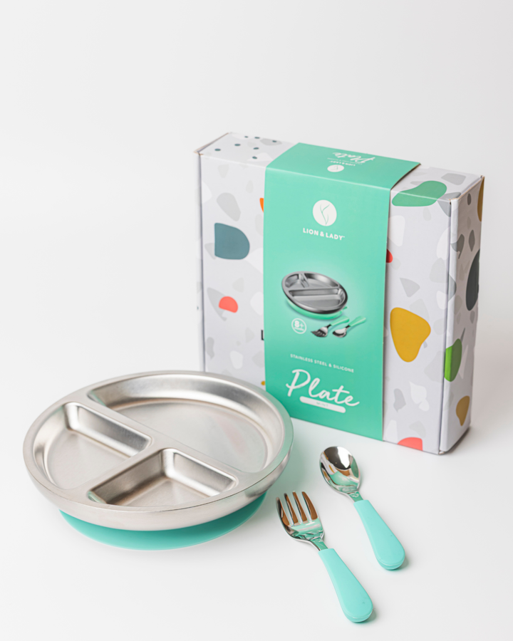 Stainless Steel Toddler Plate, Spoon And Fork Set Mint