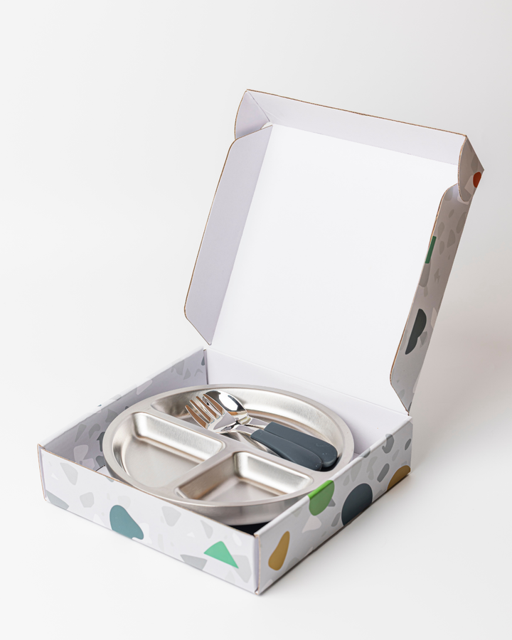 Stainless Steel Toddler Plate, Spoon And Fork Set Mint
