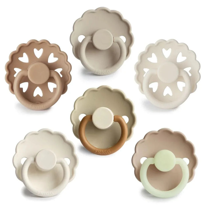 6 Pack Round Silicone Pacifiers Cinnamon Charm