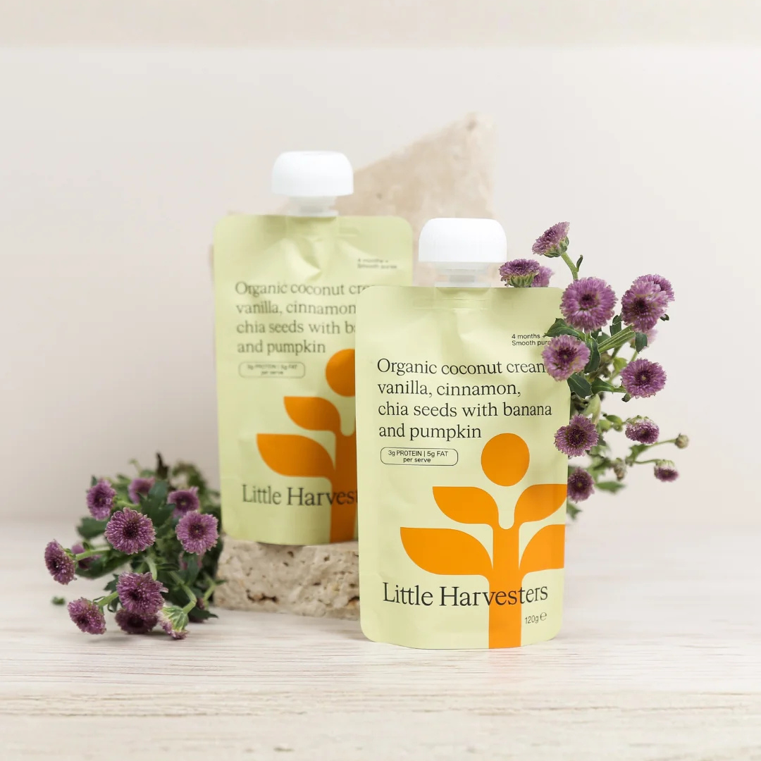Little Harvesters Puree Pouch Organic Coconut Cream, Vanilla, Cinnamon, Chia Seeds With Banana and Pumpkin
