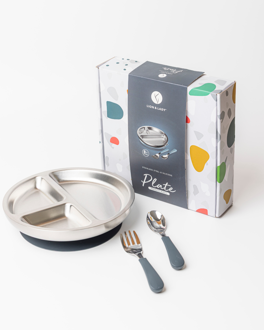 Stainless Steel Toddler Plate, Spoon And Fork Set French Navy