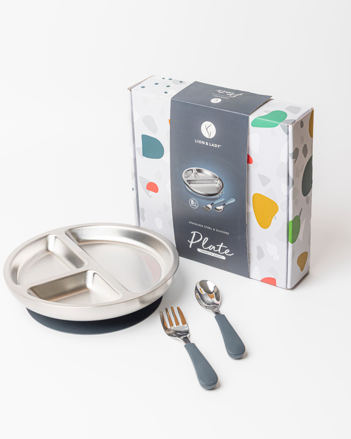 Stainless Steel Toddler Plate, Spoon And Fork Set French Navy