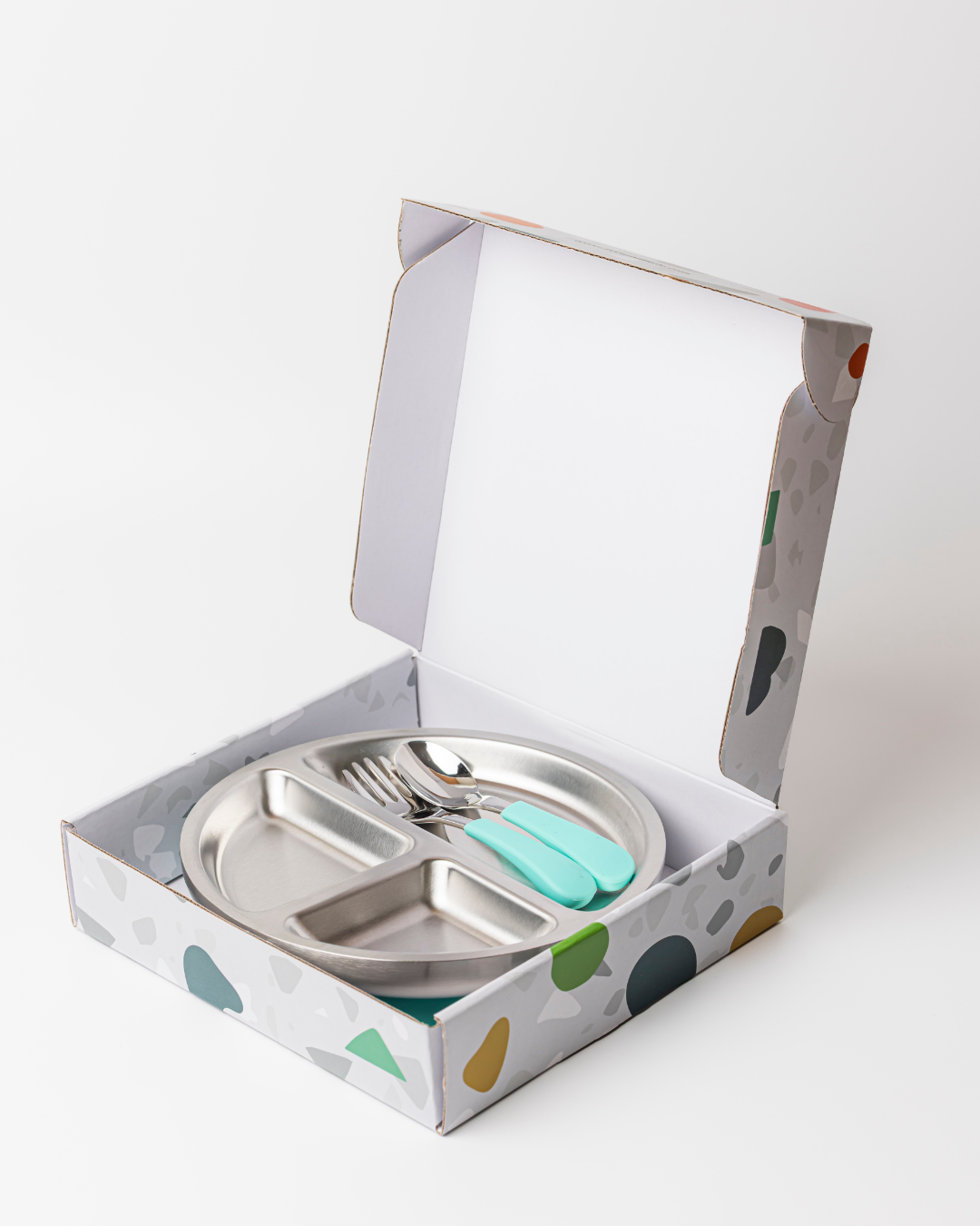 Stainless Steel Toddler Plate, Spoon And Fork Set Mint
