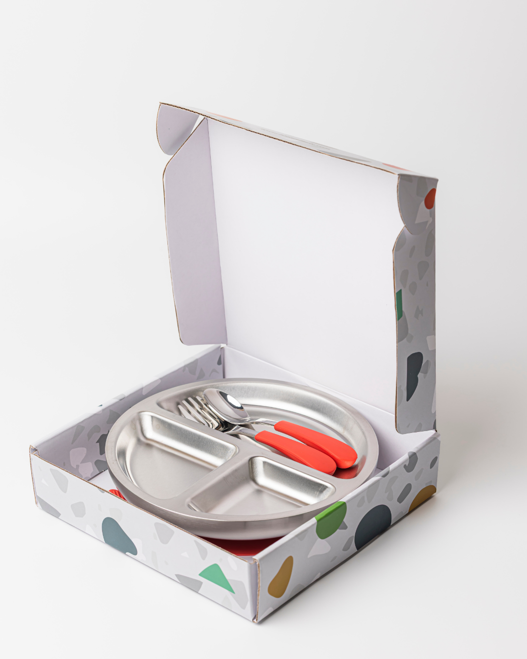 Stainless Steel Toddler Plate, Spoon And Fork Set Fuchsia Pink