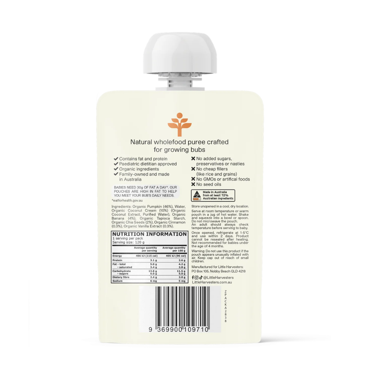 Little Harvesters Puree Pouch Organic Coconut Cream, Vanilla, Cinnamon, Chia Seeds With Banana and Pumpkin