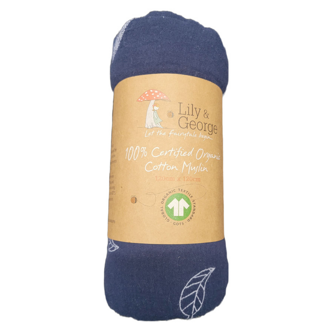 100% Organic Cotton Muslin Celestial Blue Leaf