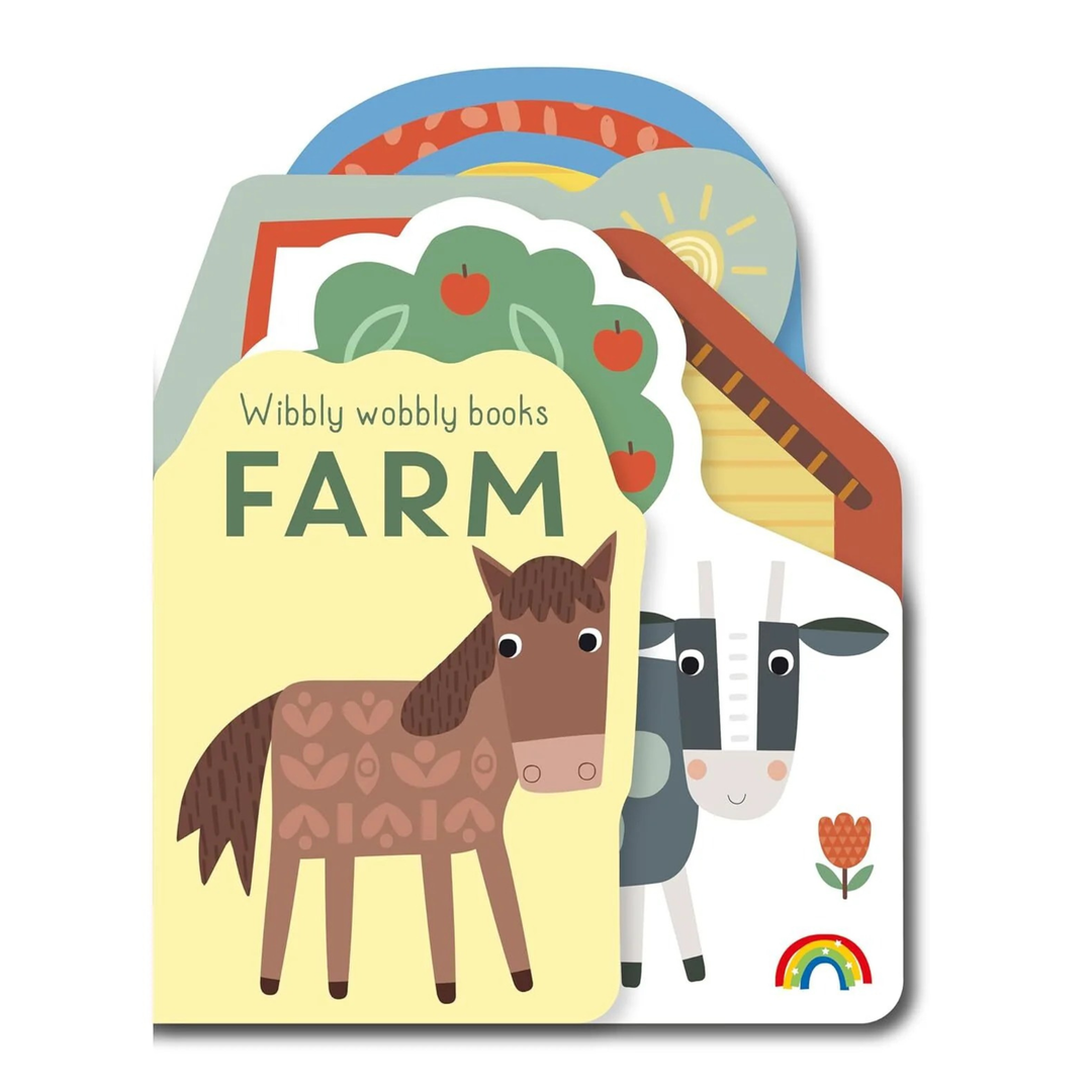 Children's book titled 'Farm' with illustrations of a horse, cow, and rainbow on a white background.